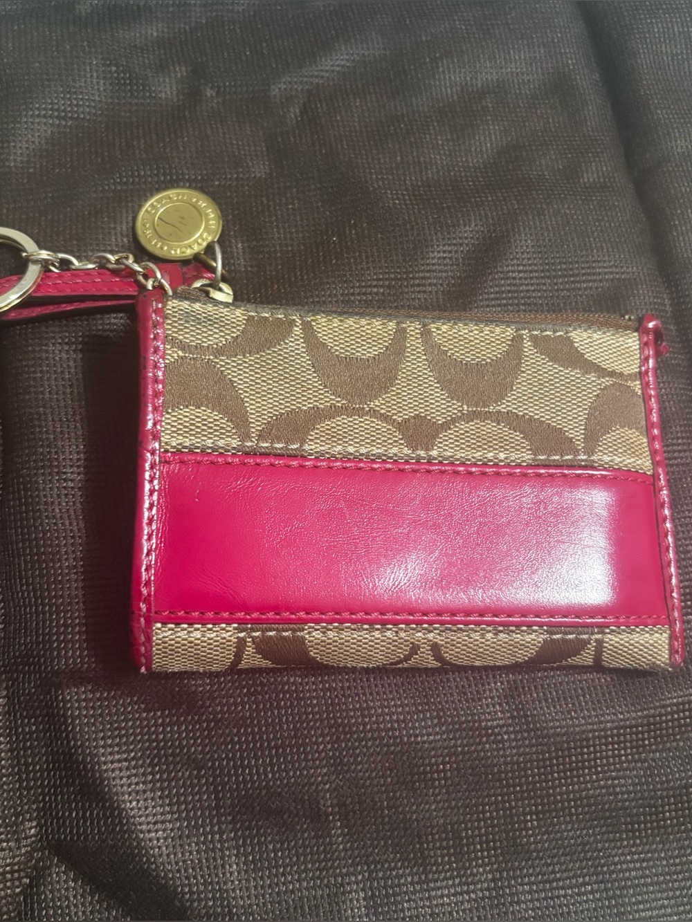 Coach Brown Signature Canvas Card Case with Pink Leather Trim